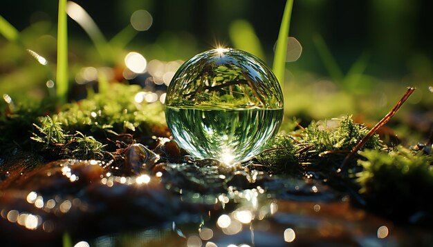 La sfera verde della natura riflette una foglia lucida su un albero generato dall'intelligenza artificiale