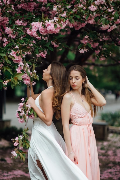 La signora alla moda sta posando vicino a un albero in fiore. Twin Girls Bellezza e moda femminile.