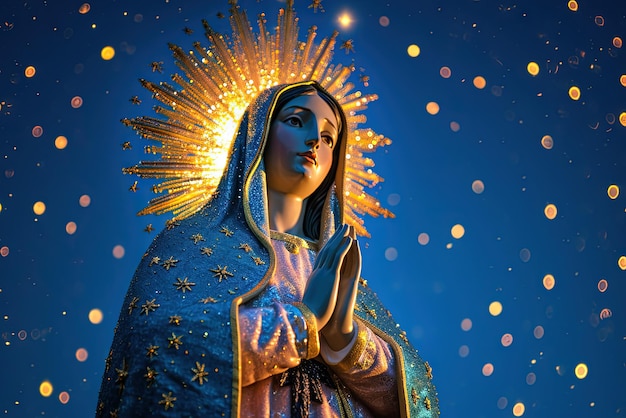 La Signora di Guadalupe è adornata con una veste scintillante ornata di stelle che simboleggiano la sua connessione con il cielo