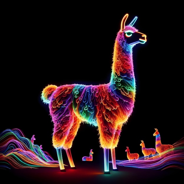 La silhouette colorata del lama al neon fatta di milioni di corde al neon ultra luminose