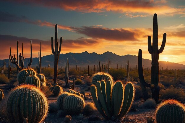 La silhouette del cactus del deserto al tramonto