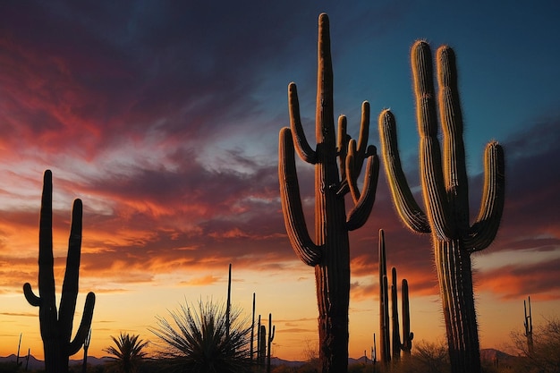 La silhouette del cactus del deserto al tramonto