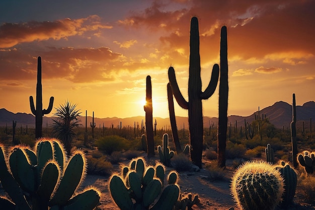 La silhouette del cactus del deserto al tramonto