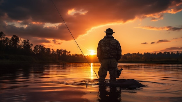 La silhouette del pescatore sullo sfondo del tramonto sul fiume al tramonto