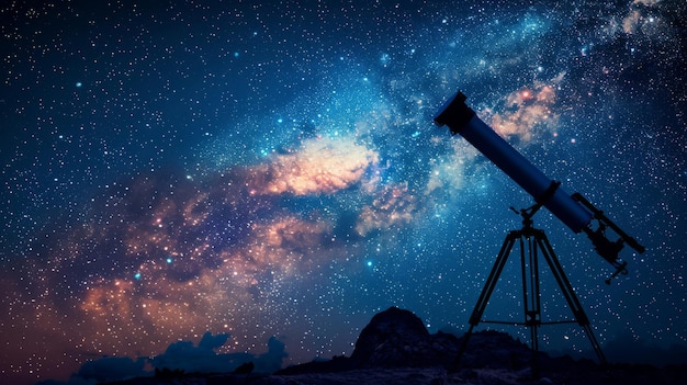 La silhouette del telescopio contro un cielo stellato con i sussurri delle galassie