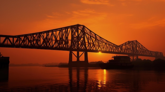 La silhouette dell'alba del ponte Howrah, una campata sospesa sul fiume Hooghly nel Bengala occidentale