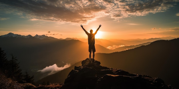 La silhouette dell'uomo salta in cima al concetto di trionfo della vittoria di successo della montagna IA generativa