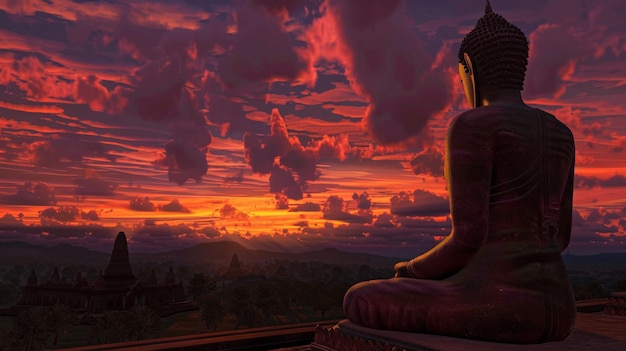 La silhouette di Buddha al drammatico tramonto