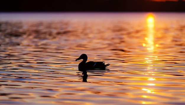 La silhouette di un'anatra in un'acqua al tramonto vista progettazione del paesaggio