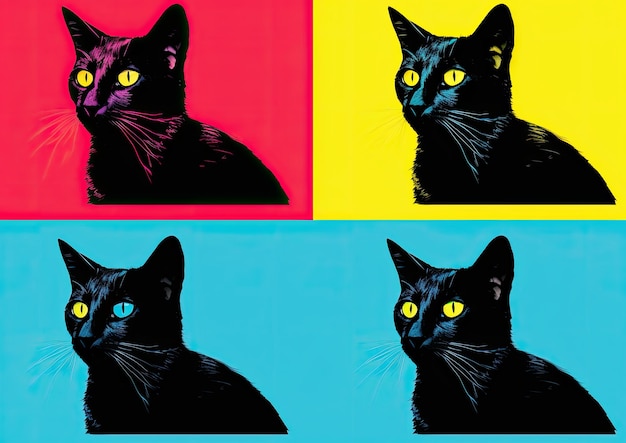 La silhouette di un gatto nero catturata in uno stile pop art con colori audaci e vibranti che ricordano Andy