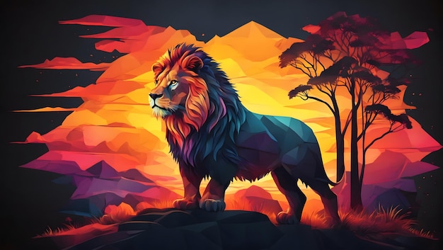 la silhouette di un leone al tramonto, t-shirt art arte vettoriale 3D carina e bizzarra, luminosa