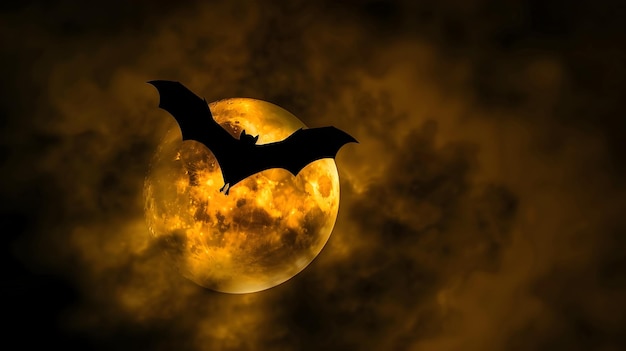 La silhouette di un pipistrello solitario che vola sulla luna piena luminosa nel cielo notturno nebbioso
