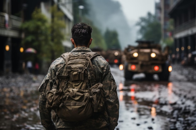 La silhouette di un soldato senza volto che cammina per le strade di una città devastata dalla guerra