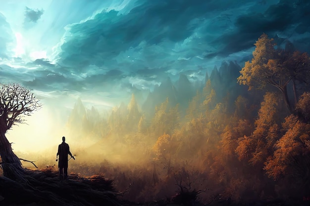 La silhouette di un uomo si trova vicino a un albero su una collina sullo sfondo di nuvole spesse illustrazione 3d