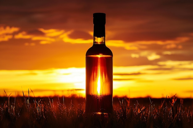 La silhouette di una bottiglia di tequila contro un tramonto vibrante