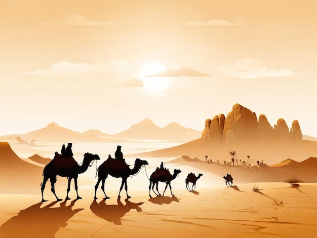 La silhouette di una carovana di cammelli nel deserto al tramonto