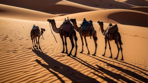 La silhouette di una carovana di cammelli sulle dune del deserto