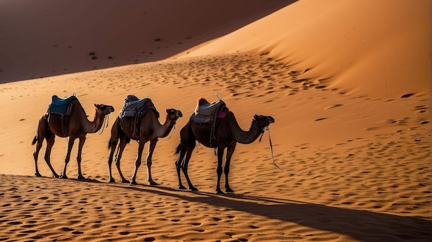 La silhouette di una carovana di cammelli sulle dune del deserto