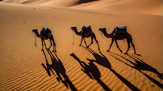 La silhouette di una carovana di cammelli sulle dune del deserto
