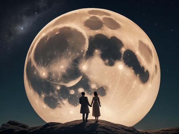 La silhouette di una coppia che fissa la luna piena e si bacia