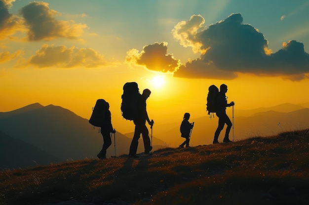 La silhouette di una famiglia in cerca di avventura contro le maestose montagne