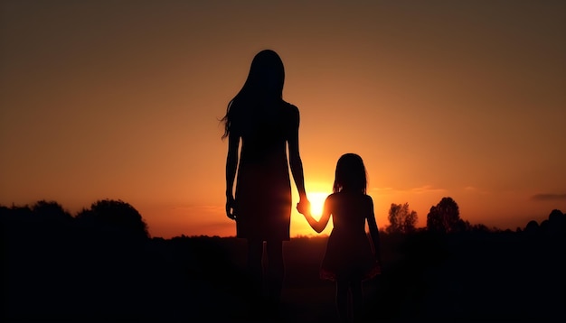 La silhouette di una madre e di una figlia guarda il tramonto nel campo del deserto IA generativa