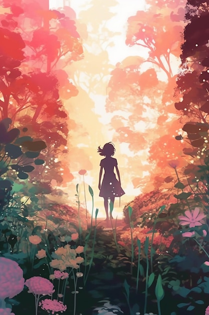 La silhouette di una ragazza che cammina in un giardino di fiori AI generativa