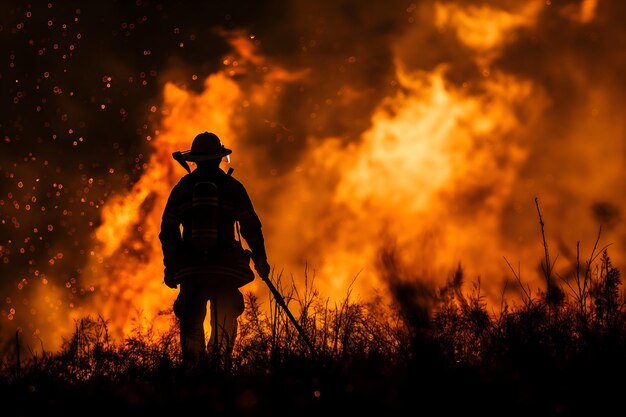 La silhouette fiammeggiante di un pompiere che combatte un incendio selvatico