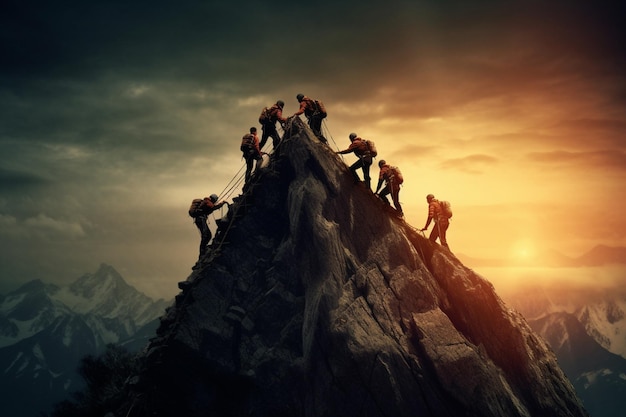 La silhouette Il lavoro di squadra si arrampica e aiuta a raggiungere la cima della montagna sotto il cielo al tramonto Il concetto di successo dell'obiettivo del lavoro di squadra IA generativa