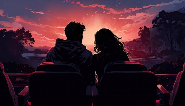 La silhouette romantica di una giovane coppia in una pittoresca illustrazione del paesaggio