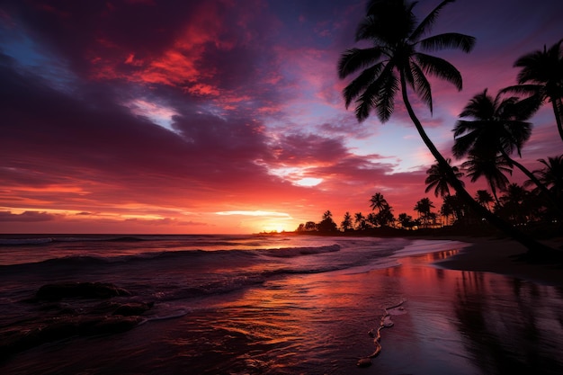 La silhouette viola del tramonto, le palme sulla spiaggia, la bella immagine dell'alba.