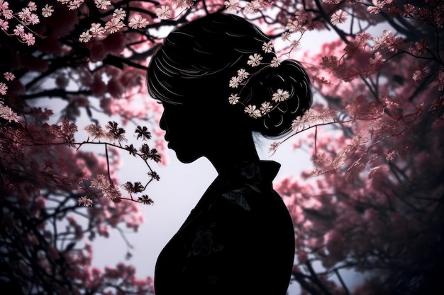 La siluetta di bellezza di una ragazza in sakura fiorisce ai generativa