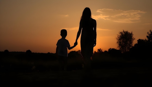 La siluetta di una madre e di un figlio guarda il tramonto nel campo del deserto