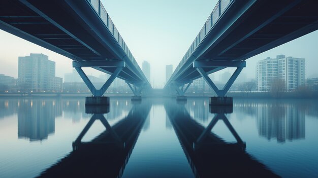 La simmetria di un ponte moderno, travi d'acciaio che si estendono su un fiume urbano tranquillo.