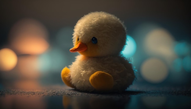 La simpatica anatra di peluche si siede con un'illuminazione morbida e calda sullo sfondo sfocato