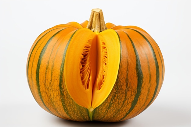 La singolare semplicità della fetta di zucca si staglia da sola su uno sfondo bianco incontaminato