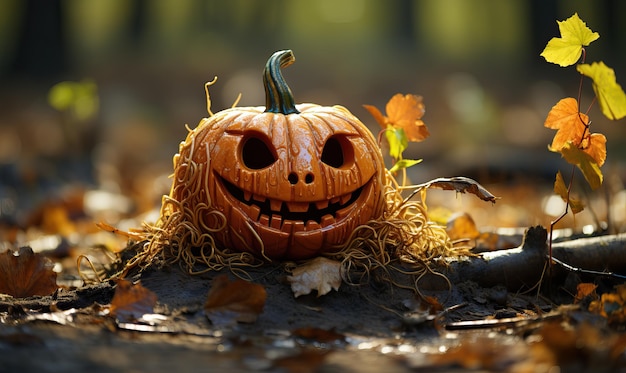 La sinistra lanterna di zucca di Halloween in una giornata di sole sullo sfondo della natura