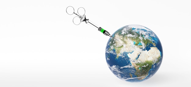 La siringa medica con un ago ha vaccinato il pianeta Terra. Rappresentazione 3D. Elementi di questa immagine forniti dalla NASA.