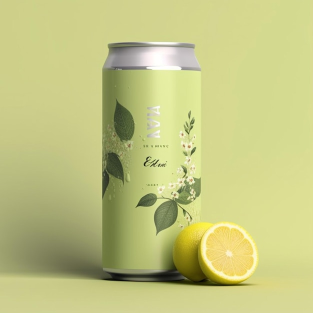 La soda al limone può mockup su sfondo verde rendering 3d