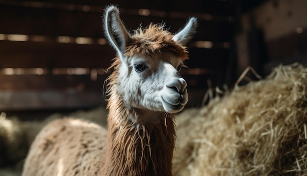 La soffice alpaca pascola nei pascoli rurali generati dall'intelligenza artificiale