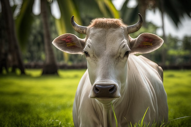 La somiglianza di una luce tropicale Una mucca dall'Asia pascola sull'erba rigogliosa