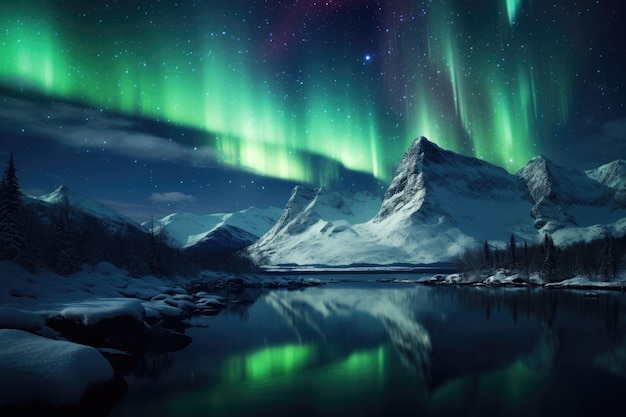 La sorprendente aurora boreale illumina la maestosa catena montuosa con il lago sereno L'aurora boreale su una catena montuosa innevata Generato dall'intelligenza artificiale