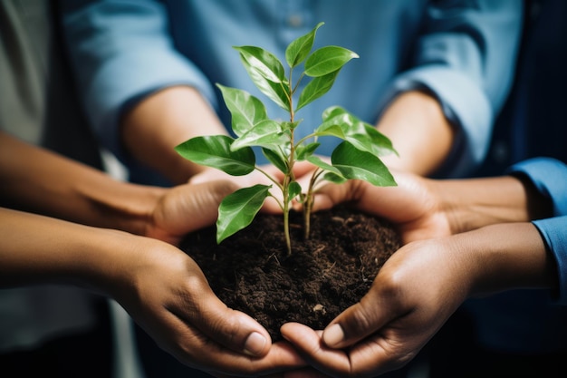 La sostenibilità delle piante e la terra nelle mani degli imprenditori per il sostegno al lavoro di squadra o all'ambiente Collaborare per crescere e investire nelle persone e nel suolo per il futuro