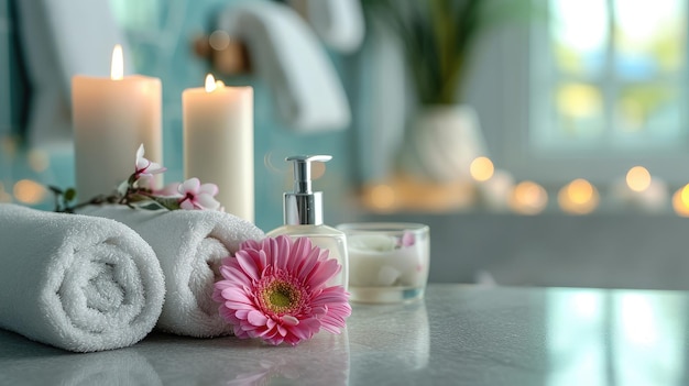 La spa fornisce candele accese e fiori sul tavolo nello spazio del salone di bellezza per il testo