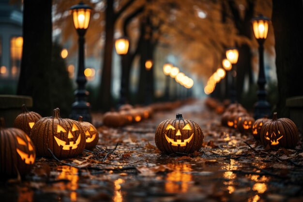 La spaventosa festa di Halloween illuminata da JackO'Lantern e le festeggianti decorazioni autunnali