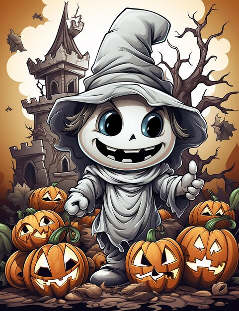 La spaventosa scena di Halloween del bambino con il fantasma.