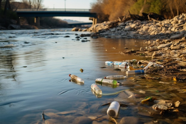 La spazzatura e i rifiuti di plastica vicino ai margini dei fiumi aggravano l'inquinamento dell'acqua