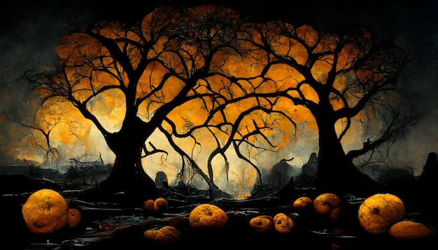 La spettrale foresta di Halloween con spaventosi alberi neri e zucche sulla rete neurale ha generato arte