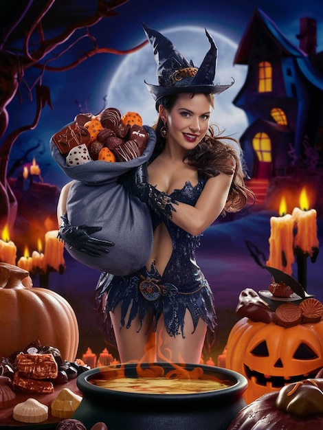 La spettrale strega di Halloween con la scatola di caramelle Scena festiva di TrickorTreat
