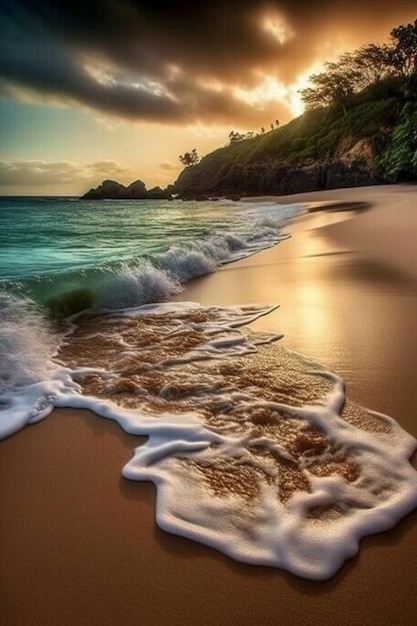 La spiaggia al tramonto è una bellissima immagine dell'oceano.